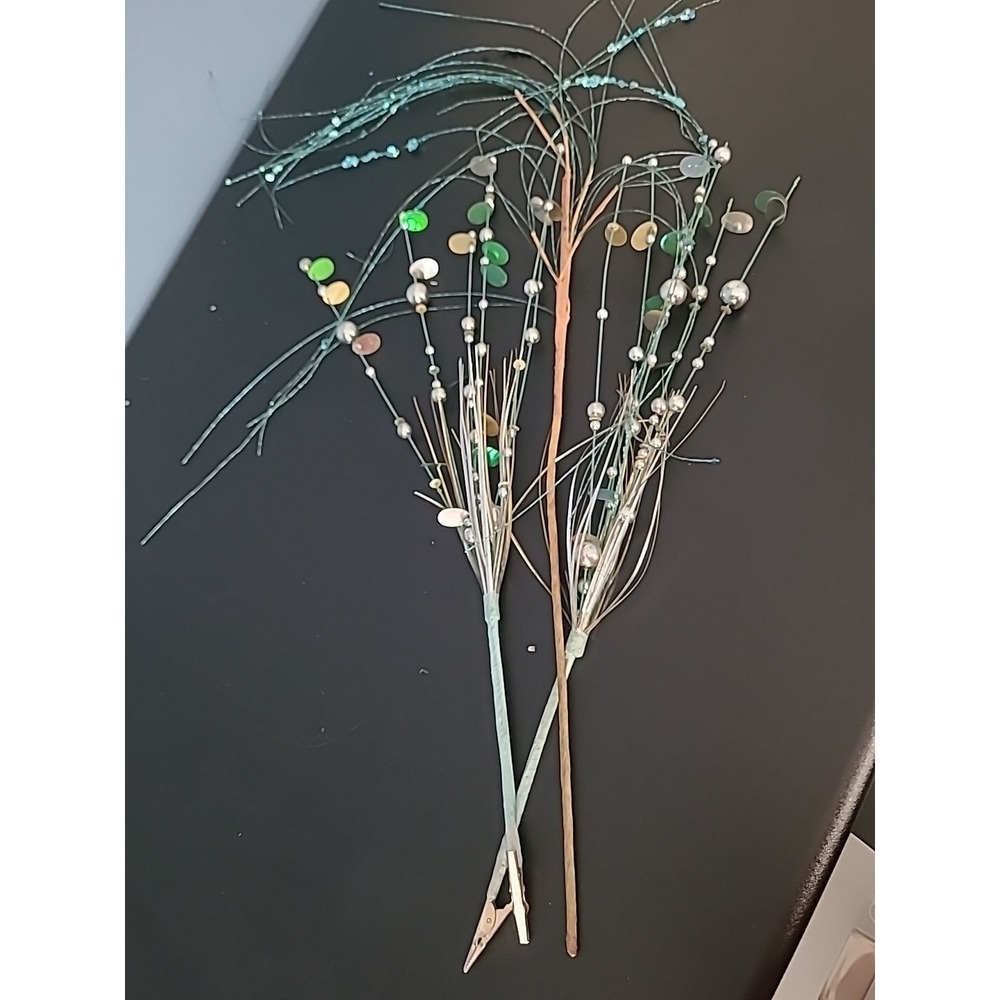 Three BEADED Sparly Floral Picks Wire Stems Christmas AQUA BLUE SILVER